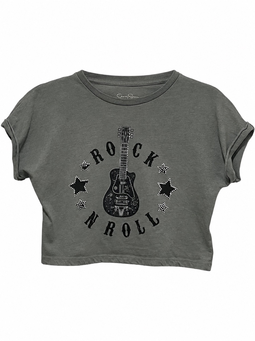 Jessica Simpson Muted Olive Rock N Roll Guitar Graphic Crop Tee Girls 7